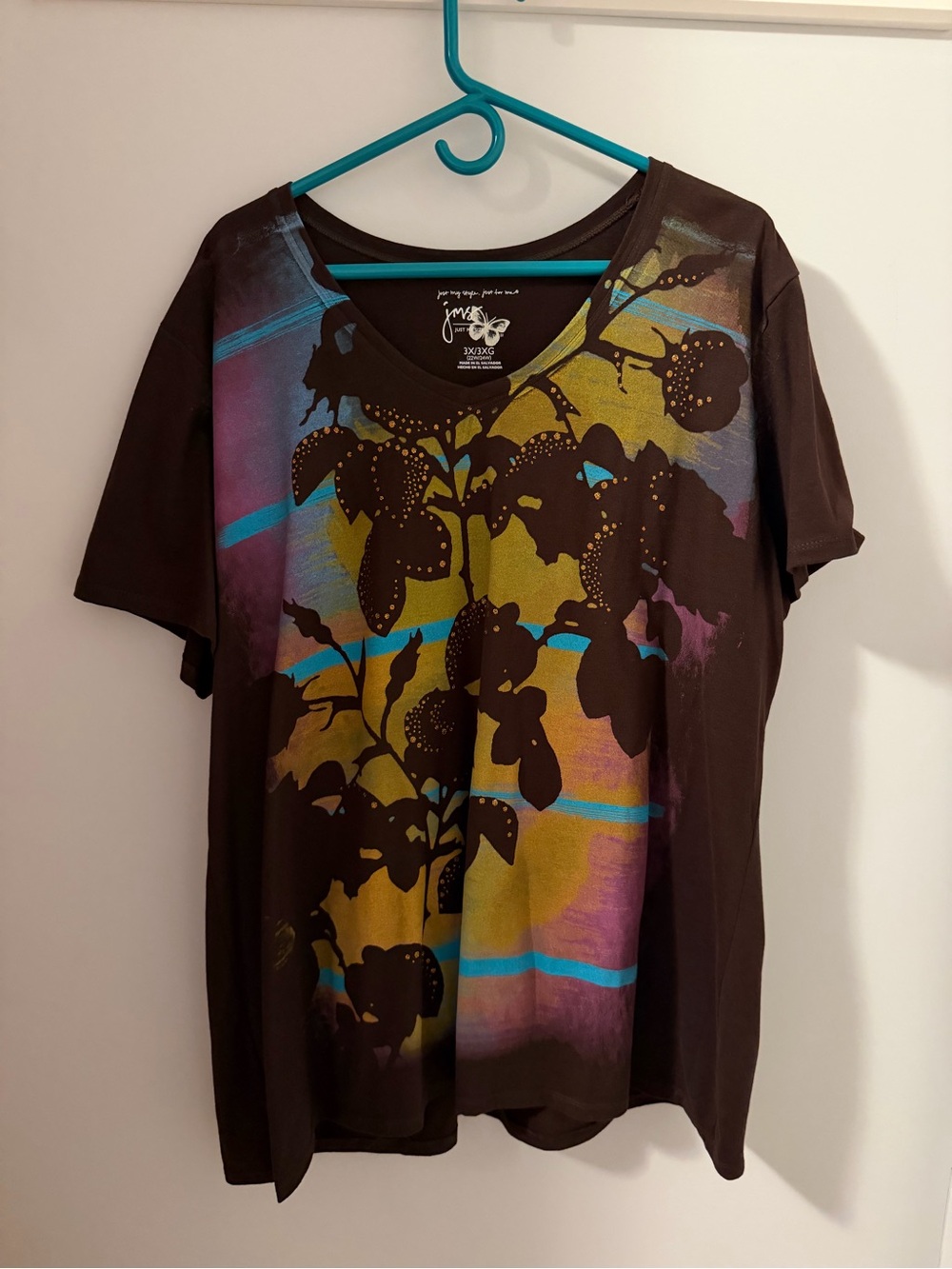 Just My Size Brown Short Sleeve Tee with Multicolor Floral Silhouette